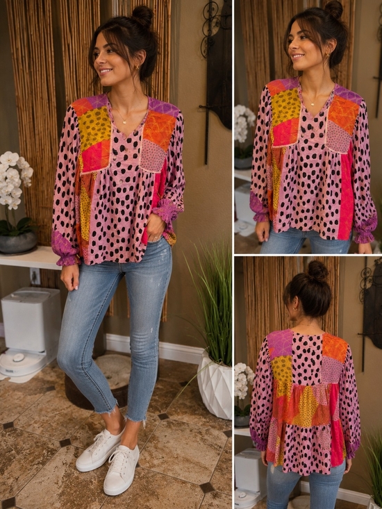 Blank London Tops - Women's Pink Polka Dot Patchwork Blouse